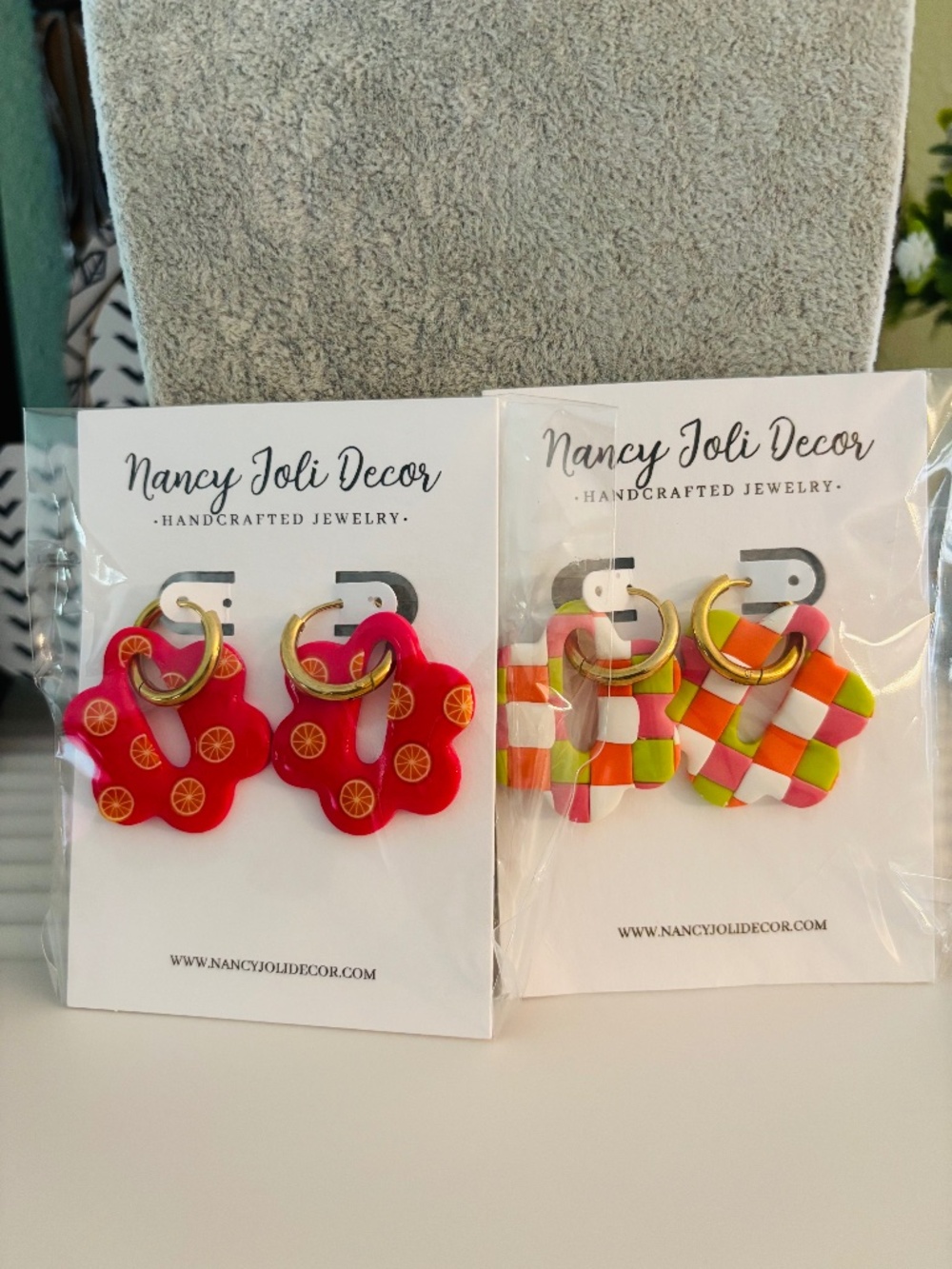 Set of 2 Polymer Clay Earrings - Checkered and Fruit Slices